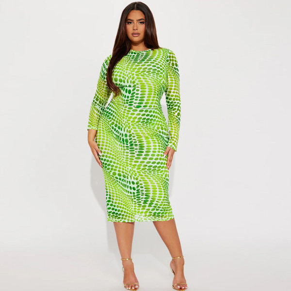 SC Plus Size Print Long Sleeve Split Midi Dress GDAM-218365