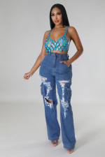 SC Loose High-waisted Holes Jeans LX-6975