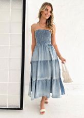 SC Patchwork Side Split Cake Denim Long Dress GYAN-3256