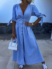 SC Fashion V-neck Button Long Denim Dress GYAN-16845