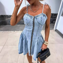 SC Fashion Patchwork Sling Zipper Denim Midi Dress GYAN-16869