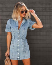 SC Loose Casual Bubble Short Sleeve Denim Dress GYAN-3229