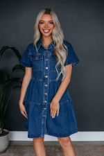 SC Solid Color Lapel Casual Denim Dress GYAN-16809