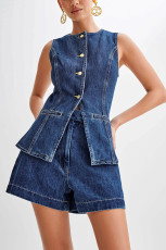 SC Fashion Sleeveless High Waisted Denim Shorts Set GYAN-16881