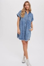 SC Loose Cardigan Denim Short Sleeve Midi Dress GYAN-16805