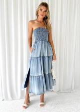 SC Patchwork Side Split Cake Denim Long Dress GYAN-3256