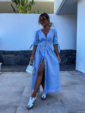 SC Fashion V-neck Button Long Denim Dress GYAN-16845