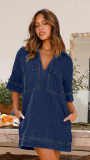 SC Lapel Short Sleeve Loose Denim Dress GYAN-3223
