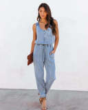 SC Loose Sleeveless Drawstring Denim Jumpsuit GYAN-3205