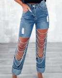 SC Sexy Holes Chain Patchwork Straight Jeans GYAN-3286