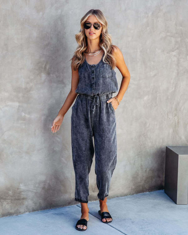 SC Loose Sleeveless Drawstring Denim Jumpsuit GYAN-3205