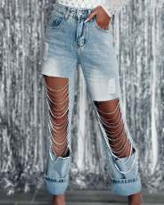 SC Sexy Holes Chain Patchwork Straight Jeans GYAN-3286