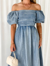 SC Bubble Sleeve Waisted Denim Midi Dress GYAN-3260