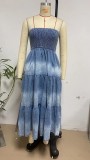SC Patchwork Side Split Cake Denim Long Dress GYAN-3256