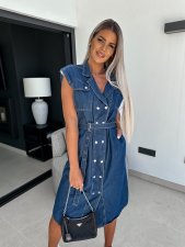 SC Lapel Sleeveless Staple Button Waist Tie Denim Dress GYAN-3293