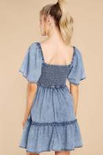 SC Loose Plunge Short Sleeve Denim Dress GYAN-22834