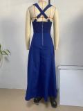 SC Solid Color Waist-slim Denim Sling Maxi Dress GYAN-3237