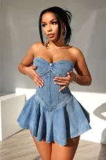SC Wrap Chest Denim Slim Ruffle Mini Dress MEM-88576