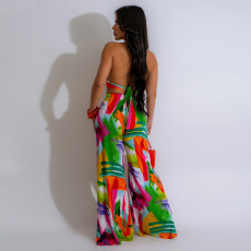 SC Print Tie Up Backless Top Two Piece Pants Set CYA-901196