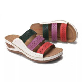 SC Colorblocked Hollow Out Slope Heel One Slippers GYUX-45566