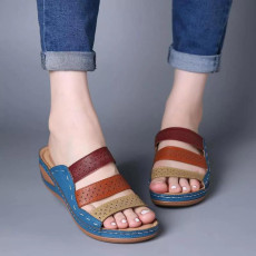 SC Colorblocked Hollow Out Slope Heel One Slippers GYUX-45566