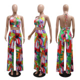 SC Print Tie Up Backless Top Two Piece Pants Set CYA-901196
