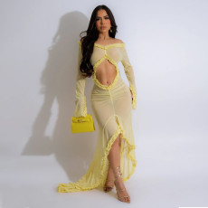 SC V Neck Solid Color See Through Maxi Dress CYA-901194