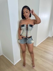 SC Sexy Bandage Wrap Chest Denim Two Piece Shorts Set MEM-88579