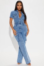 SC Short Sleeve Single Breasted Denim Straight Jumpsuit LX-6201