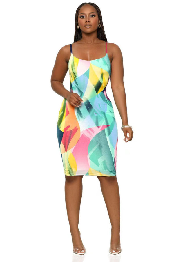 SC Sexy Print Sleeveless Sling Midi Dress XHXF-404