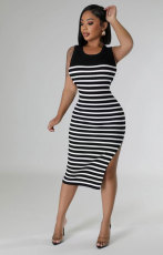 SC Sleeveless Stripe Print Split Midi Dress XHXF-405