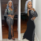 SC Hot Drill Long Sleeve Split Maxi Dress NY-3179