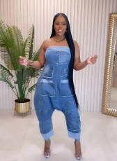SC Fashion Denim Wrap Chest Patchwork Jumpsuit NY-5006