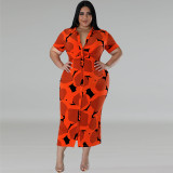 SC Plus Size Button Lapel Short Sleeve Long Dress GDAM-218391