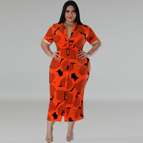 SC Plus Size Button Lapel Short Sleeve Long Dress GDAM-218391
