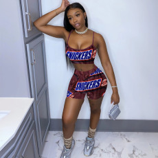 SC Letter Print Sling Vest And Shorts Sport 2 Piece Set TE-4677