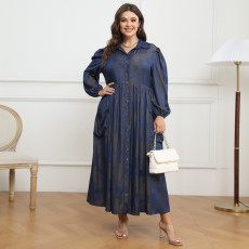SC Plus Size Long Sleeve Lapel Neck Maxi Dress GDAM-218327