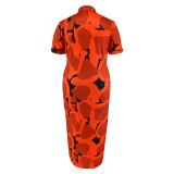 SC Plus Size Button Lapel Short Sleeve Long Dress GDAM-218391