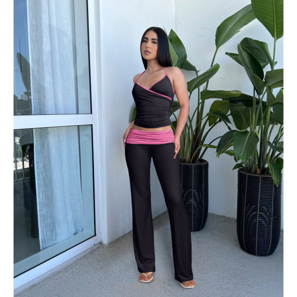 SC V Neck Halter Bandage Pleated Pants Two Piece Set ASL-6711