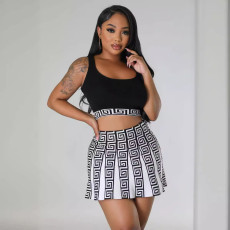 SC Print Sleeveless Tank Tops And Skirt Sweater 2 Piece Set OSM-4458