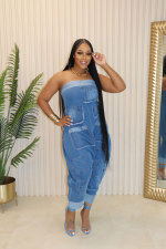 SC Fashion Denim Wrap Chest Patchwork Jumpsuit NY-5006