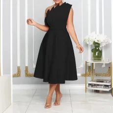 SC Slash Shoulder Sleeveless Big Swing Midi Dress BGN-0014