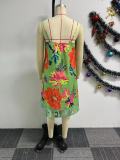 SC Print Sling Split Dress Two Piece Shorts Set NY-10779