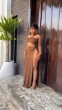 SC Solid Color Slash Shoulder Split Skirts Two Piece Set NY-10783