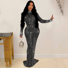 SC Long Sleeve Mesh Hot Drill Maxi Dress BY-6919