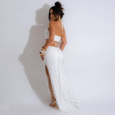 SC Tie Up Solid Color Slim Split Maxi Dress CYA-901188