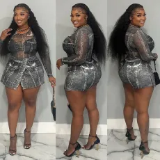 SC Plus Size Print Mesh Bodysuit + Halter Skirt Two Piece Set GYSF-3001