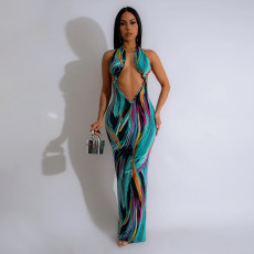 SC Sexy Backless Halter Print Maxi Dress CYA-901187