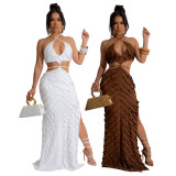 SC Tie Up Solid Color Slim Split Maxi Dress CYA-901188