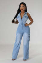 SC Sleeveless Halter Backless Denim Straight Jumpsuit LX-6981